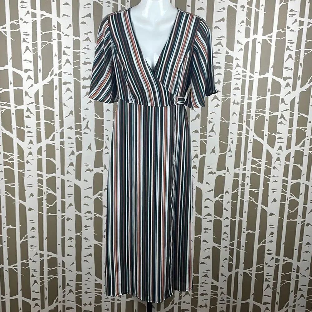 Forever 21 Contemporary Striped Wrap Midi Dress S
